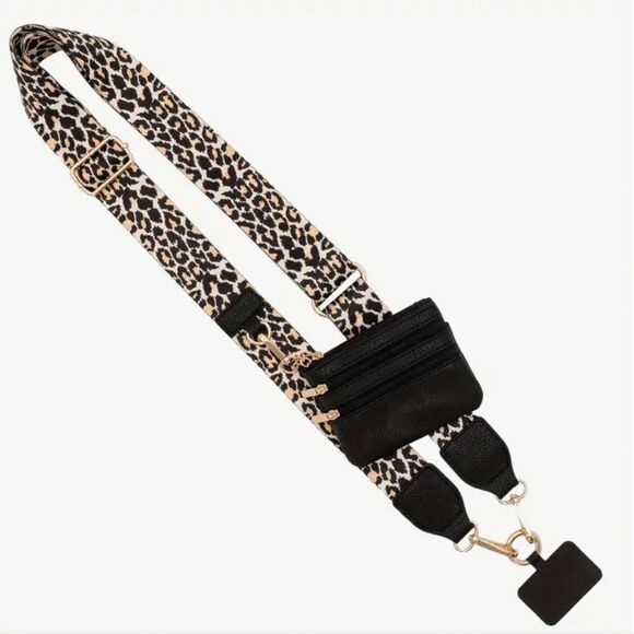 Woven Nylon Cell Phone Lanyard Strap with Wallet Pouch Leopard - Picture 1 of 6
